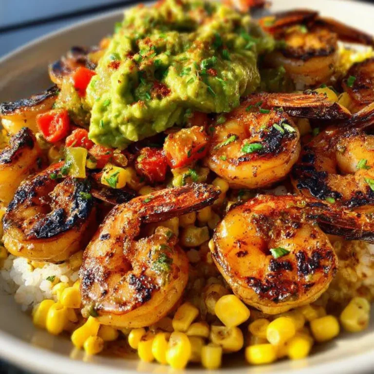 Bol de gambas a la parrilla con salsa de aguacate y maíz