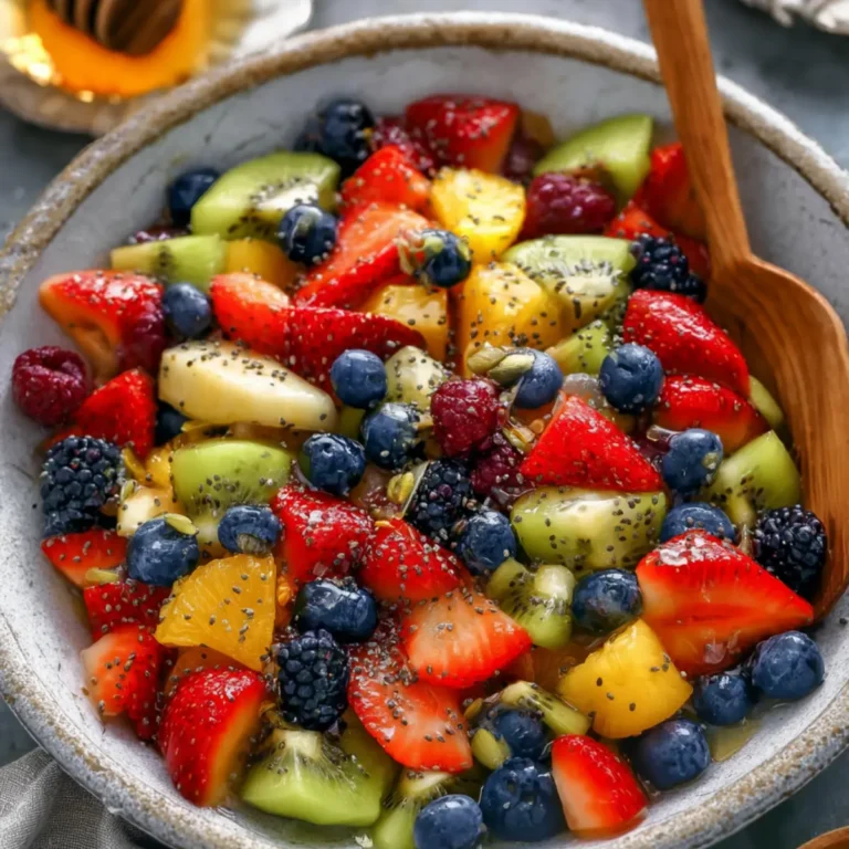 Ensalada de frutas con aliño de miel, lima y semillas de amapola