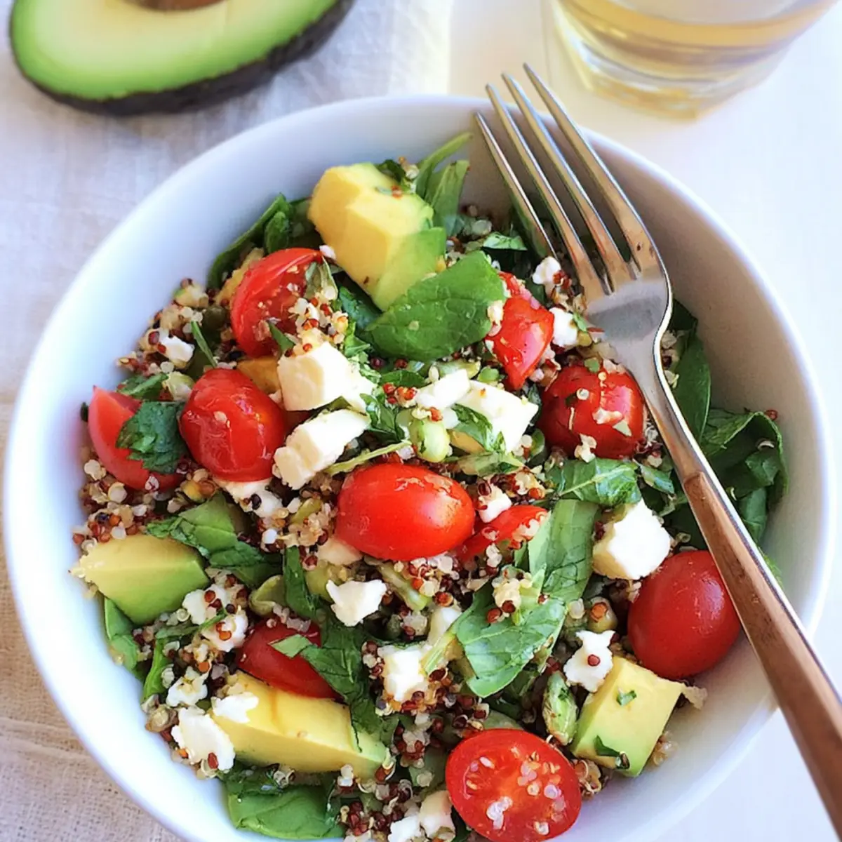 Ensalada de quinoa con aguacate, tomates cherry y feta