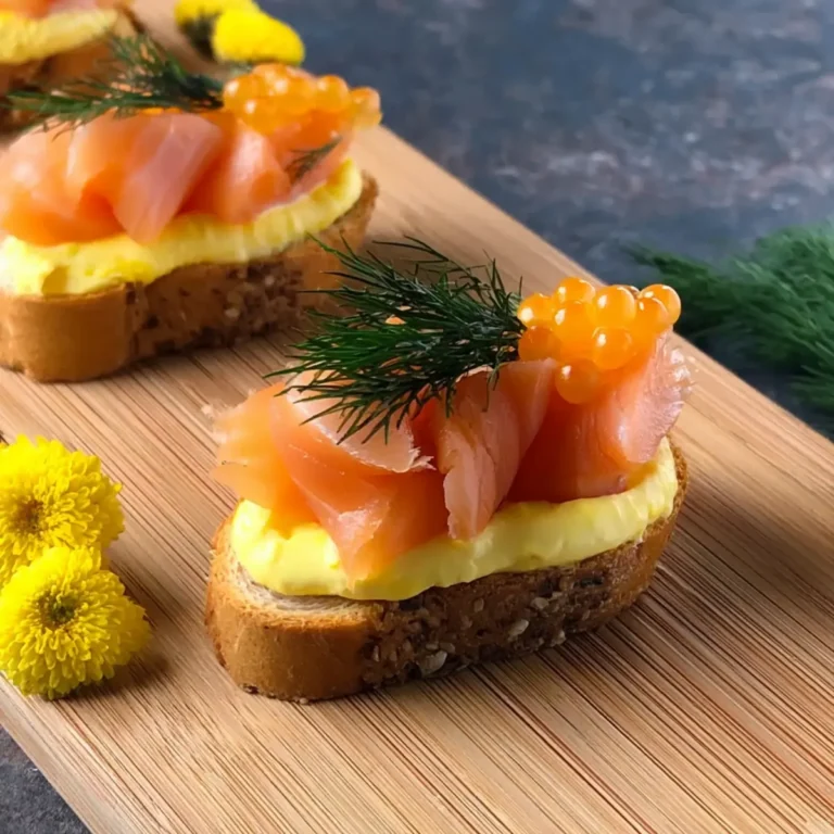 Crostini de salmón ahumado con mousse de huevo y cheddar
