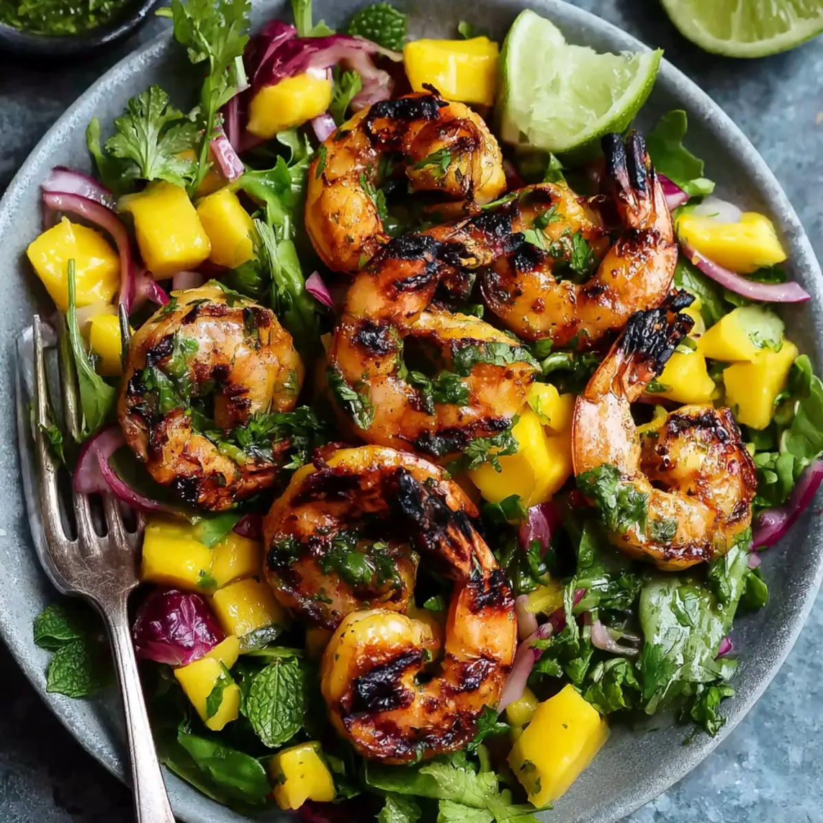 Ensalada de gambas a la parrilla y mango