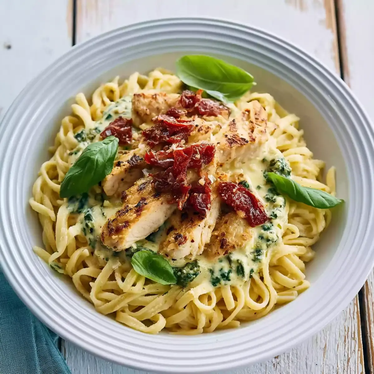 Pasta cremosa de pollo al pesto