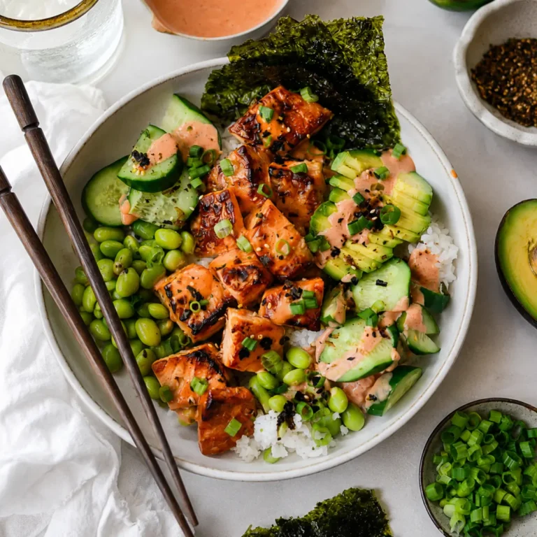 Bol de arroz para sushi con salmón picante