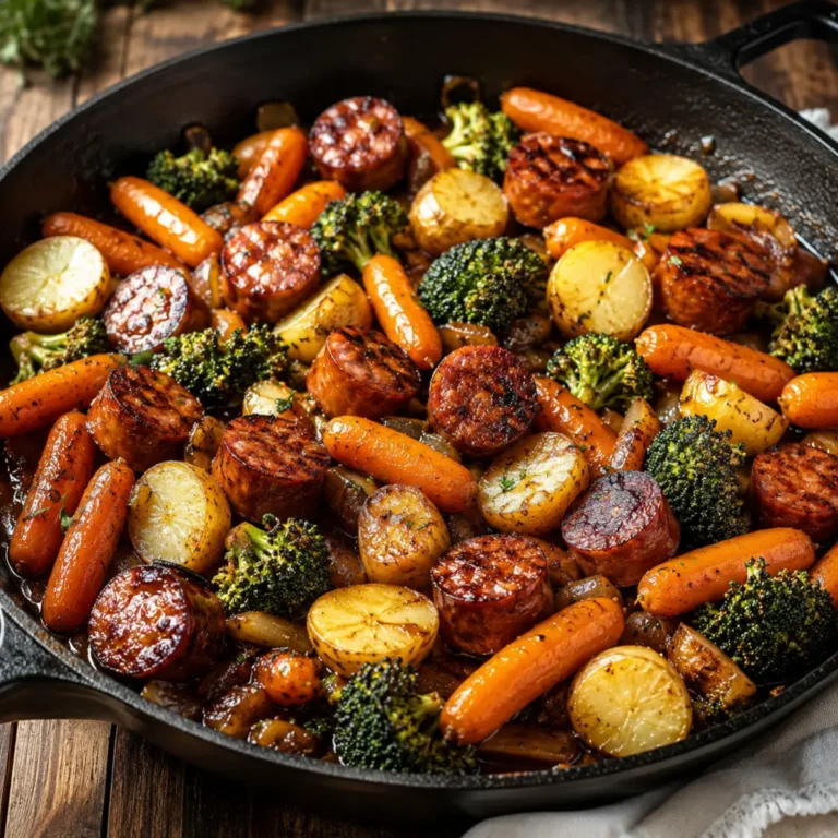Kielbasa con miel, ajo y verduras en una sartén