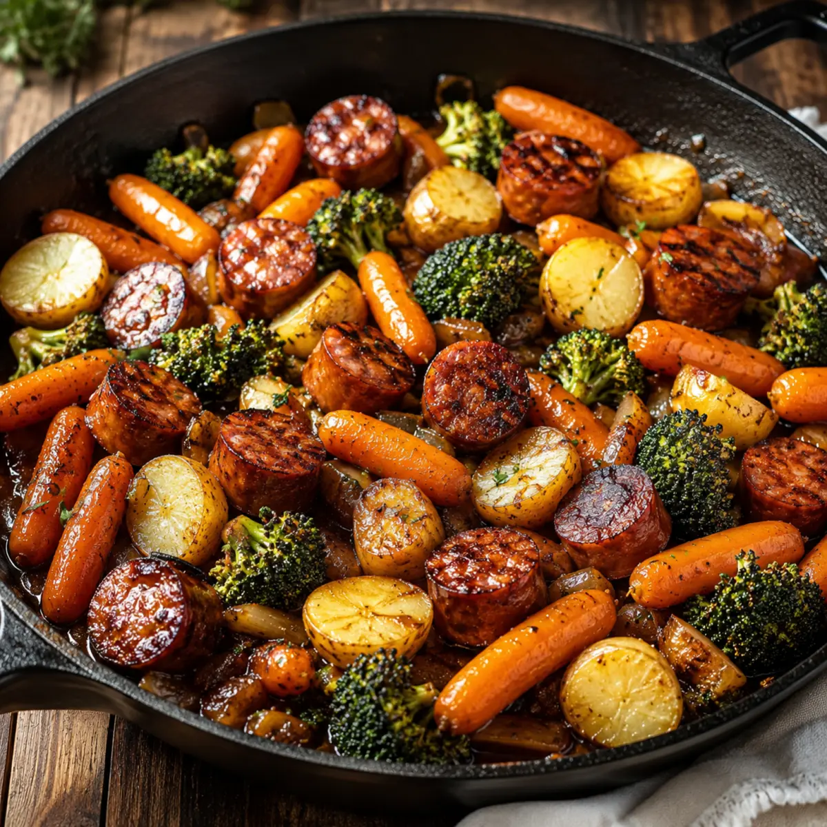 Kielbasa con miel, ajo y verduras en una sartén
