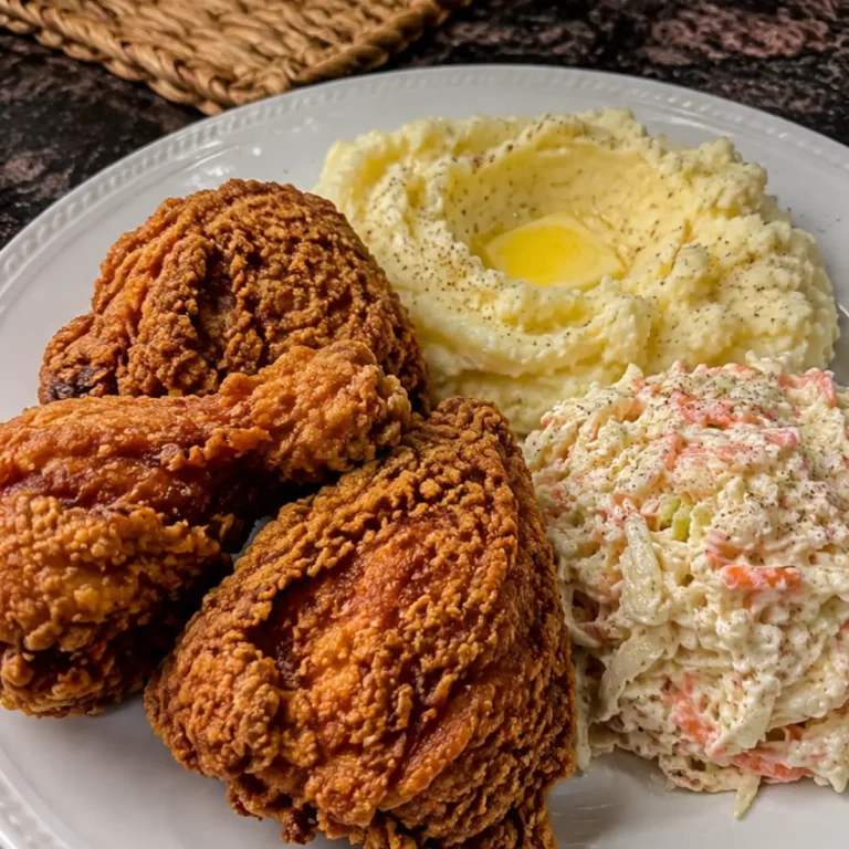 POLLO ESTILO KFC CON PURE DE PAPA Y ENSALADA CREMOSA
