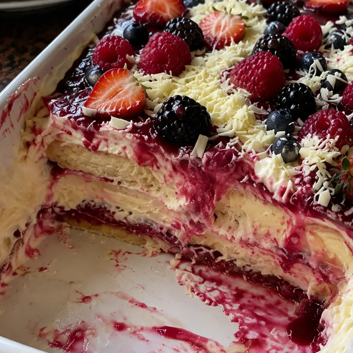 Postre de chocolate blanco y frutos rojos