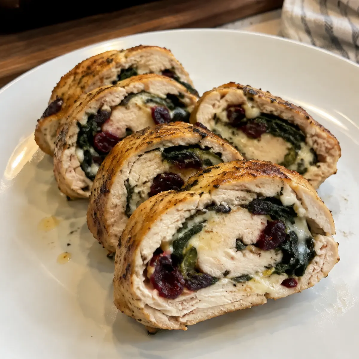 Rollitos de pollo navideños rellenos de queso, espinaca y arándanos