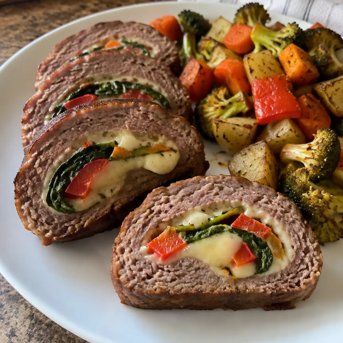 Rollo de Carne Relleno de Queso y Verduras