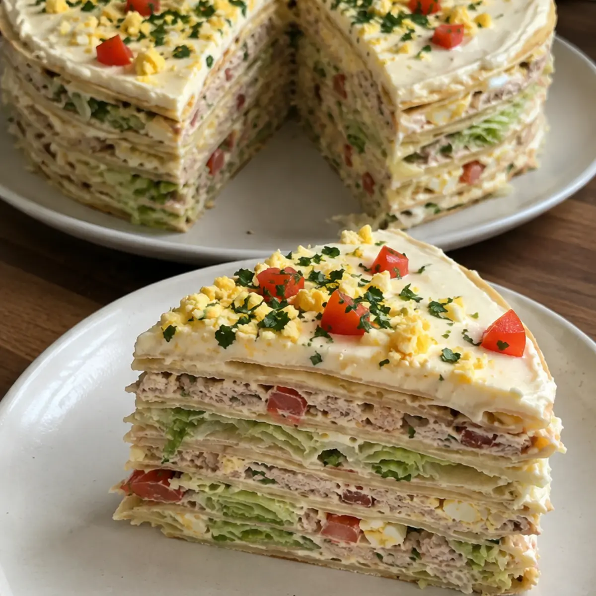 Torre de Panqueques salados con Atún, Huevo y Vegetales
