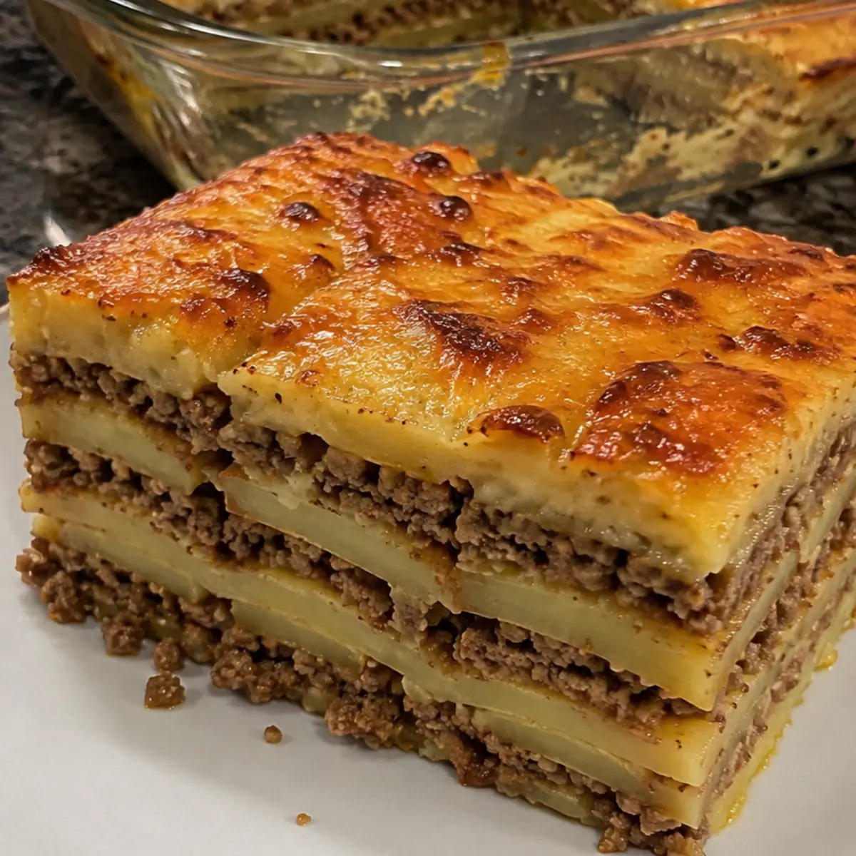 Torre de papas, carne y queso al horno