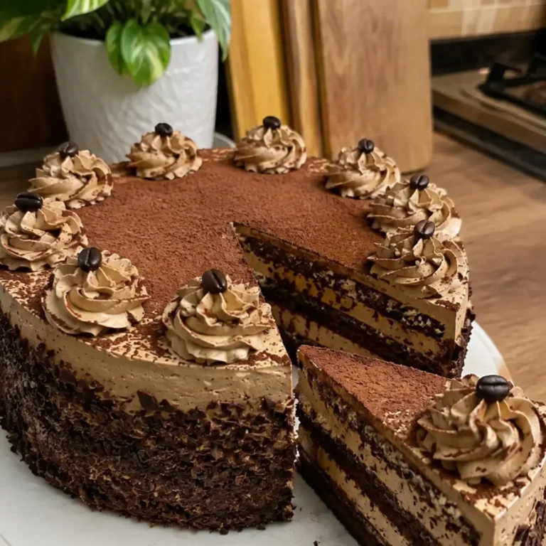 una Torta cremosa de Café y Cacao con capas suaves y un sabor intenso